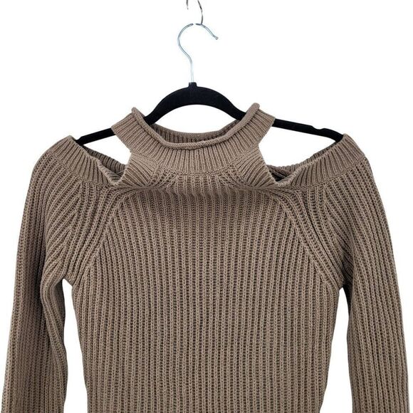 90s EAC Womens Cold Shoulder Ribbed Knit Sweater Sz S Cotton Blend Neutral Tan - Picture 2 of 12